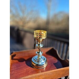 Vintage Gallery Rim Brass Plated Taper Candle Holder Church Altar Pedestal 9.5"